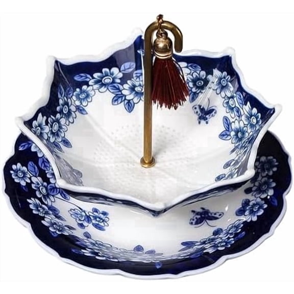 XILA Umbrella Shape Ceramic Tea Strainer - Chinese Blue & White Porcelain Loose Leaf Filter with Rotating Design, Multi-Purpose Tea Infuser for Kung Fu/Coffee/Brewing,Blue