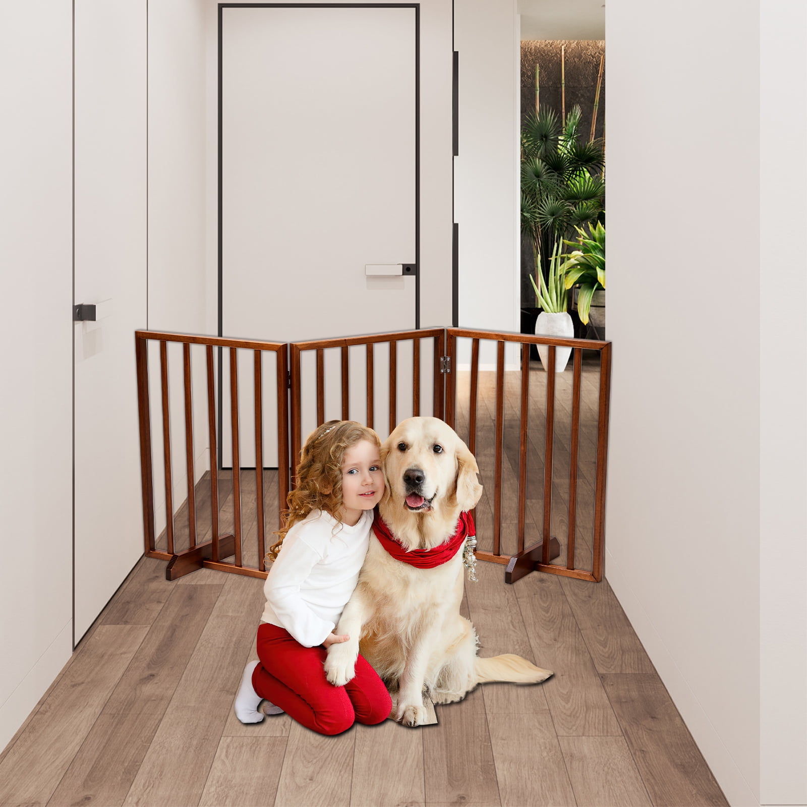XILE 24”H Free Standing Pet Gate for Dog Cat, Wooden Dog Gates for Doorway, StairsIndoor Use, Brown