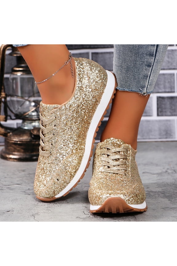 All-Season Glitter Sneakers for Women Lace-Up Low Top Comfort Sequins Solid Lightweight