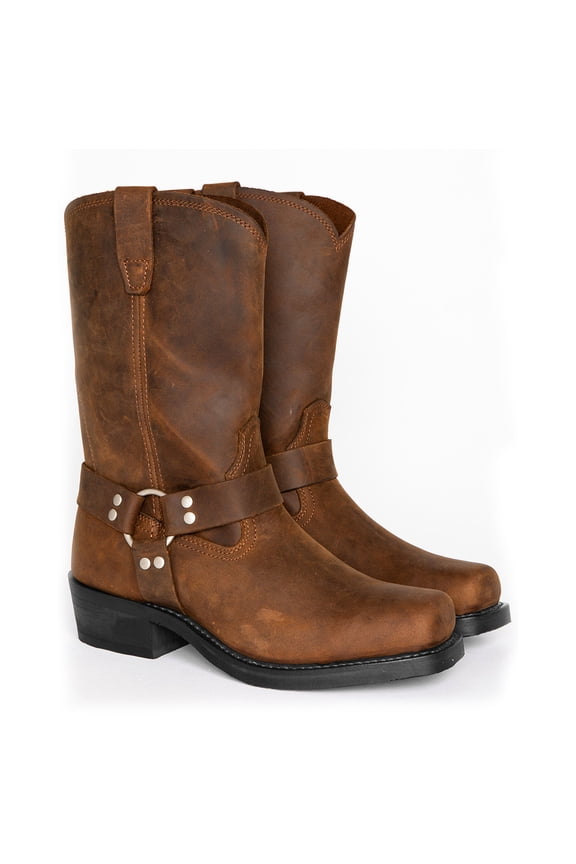 Cowboy Boots for Men Square Toe Pull on Western Boot Leather Mid Calf Casual Work Boots