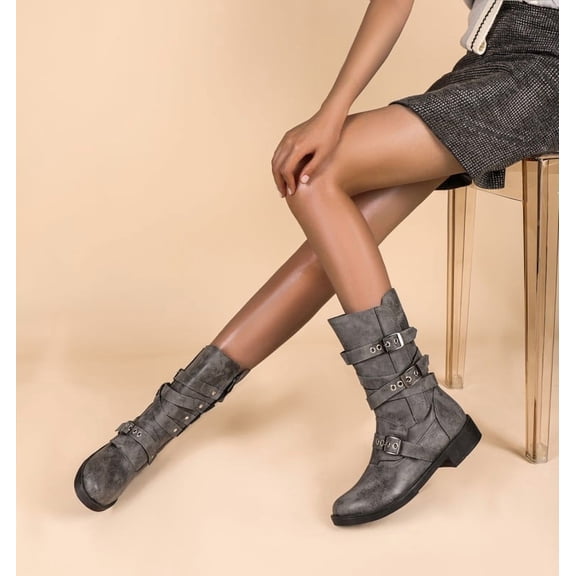 XILOO Women's Buckle Strap Mid - Calf Moto Boots - Stylish & Comfortable Riding Boots for Daily Wear