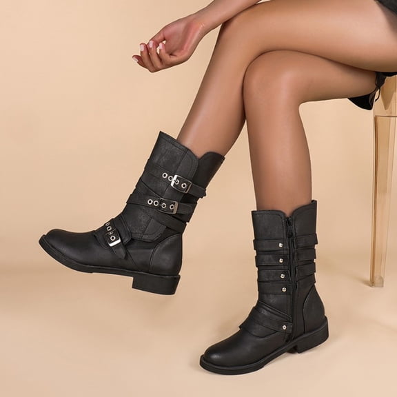 XILOO Women's Buckle Strap Mid - Calf Moto Boots - Stylish & Comfortable Riding Boots for Daily Wear