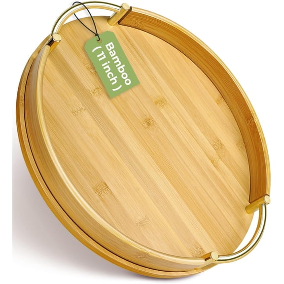 XIMEI 11.8" Round Bamboo Serving Tray with Handles, Decorative Breakfast/Coffee Table/Ottoman Tray, Kitchen Platter for Drinks/Snacks, Home Decor Gift