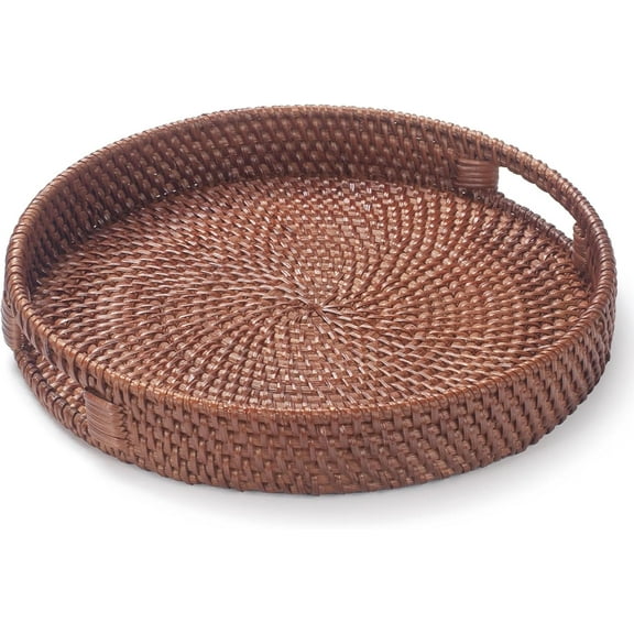 XIMEI 11.8" Round Rattan Tray, Decorative Coffee Table/Ottoman Tray, Woven Serving Tray with Handles Wicker Basket, Reddish-Brown