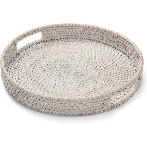 XIMEI 11.8" Round Rattan Tray, Decorative Coffee Table/Ottoman Tray, Woven Serving Tray with Handles Wicker Basket, Whitewash