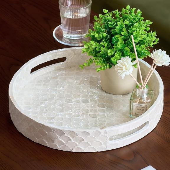XIMEI 12.6" Capiz Round Decorative Tray with Handles, Serving Tray for Coffee Table/Kitchen/Bathroom/Dining Table Centerpiece, Modern Farmhouse Decor