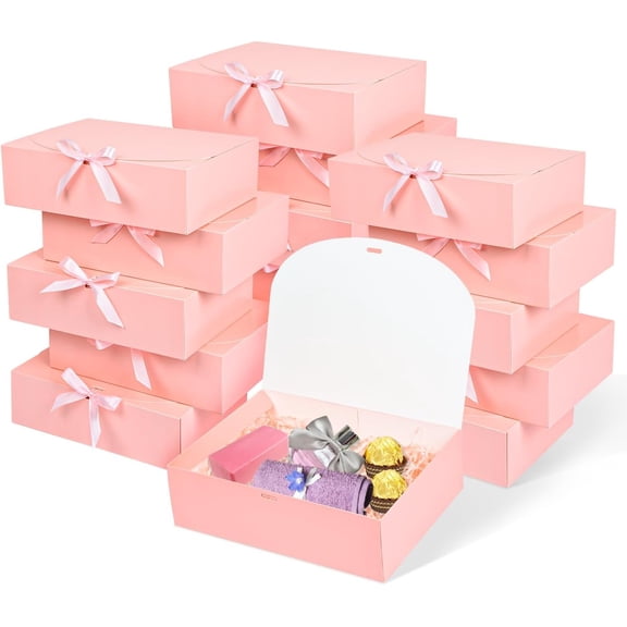 XIMEI 12-Pack Pink Gift Boxes with Lids, 12"x9.8"x3.1", Luxury Groomsmen Proposal Box with Ribbon, for Wedding/Birthday/Party/Christmas/Bridesmaid/Graduation