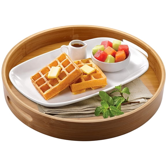 XIMEI 13.8" Large Round Bamboo Serving Tray with Handles, Round Ottoman Food Tray for Serving Breakfast/Drinks/Snack