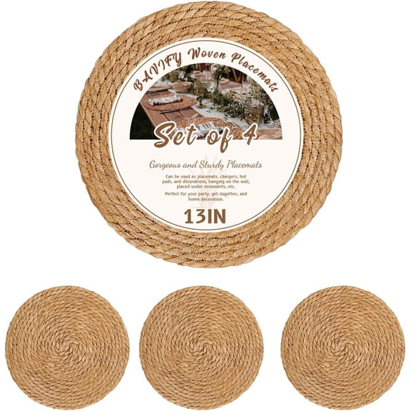 XIMEI 13" Round Woven Placemats Set of 4, Farmhouse Rustic Boho Table Mats, Wicker Straw Braided Place Mats for Dining Table Decor