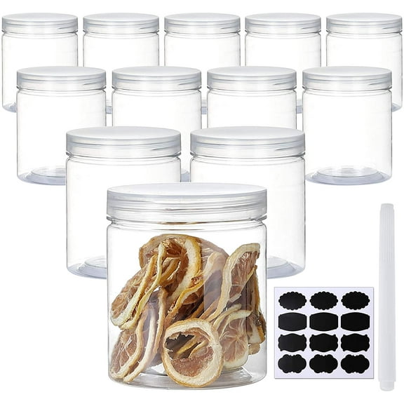 XIMEI 16 oz Plastic Jars with Lids, 12-Pack Clear Slime Containers for Kitchen & Household Dry Food Storage, Includes Extra Label & Pen