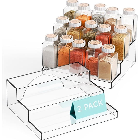 XIMEI 2-Pack 3-Tier Clear Acrylic Spice Rack Organizer for Cabinet & Pantry Shelf, 10.3"L Small Tiered Step Shelf for Vitamin/Medicine/Jar/Can/Condiment