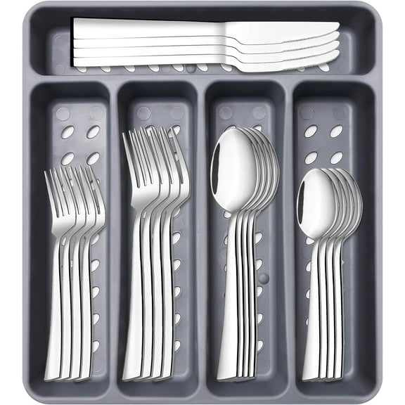 XIMEI 21-Piece Modern Stainless Steel Silverware Set with Organizer Tray, Silver Tableware Cutlery Set for 4, Dishwasher Safe