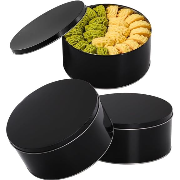 XIMEI 3-Pack Cookie Tin with Lid, Round Gift Tin, Black Baking Cake Container for Patisseries/Snack/Chocolate, 7" x 3.2", for Easter/Holidays