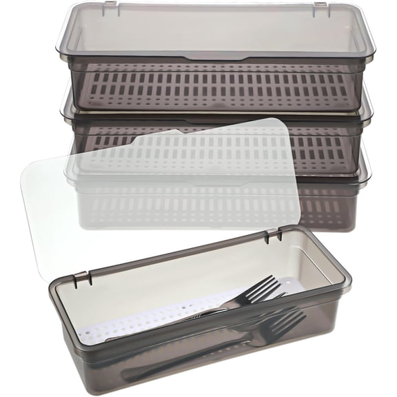 XIMEI 3-Piece Flatware Tray with Lid & Drainer, Silverware Tray Kitchen Dinnerware Holder Box, Utensil Storage Container Drawer Organizer for Home/Travel