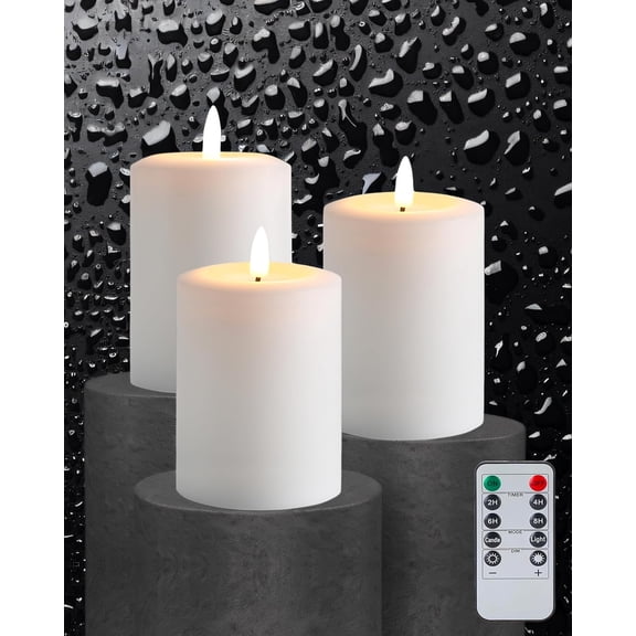 XIMEI 3"x4" Flickering Flameless Candles with Remote Timer, Real Wax White Pillar Candles, Set of 3, Battery Operated for Home/Fireplace/Centerpiece/Rustic/Farmhouse Decor