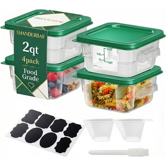 XIMEI 4-Pack 2QT Food Storage Containers with Green Lids, Clear Square Commercial Food Storage Containers with Handle & Scale, for Marinating/Dough Rising, Home & Dining