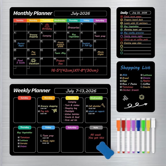 XIMEI 4-Pack Magnetic Dry Erase Board Set, 16.5"x11.8" Magnetic Calendar for Refrigerator, Weekly Planner Whiteboard with 8 Markers & Eraser