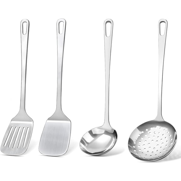 XIMEI 4-Piece Cooking Utensils Set, Stainless Steel Metal Kitchen Tools, Solid & Slotted Turner Wok Spatula, Serving Spoon, Ergonomic Handle, Easy to Clean, Silver