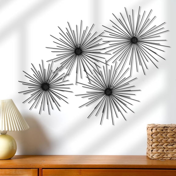 XIMEI 4-Piece Metal Starburst Wall Decor, Black 3D Spike Bling Finish Star Burst Hangings Sculptures Set, Modern Mid Century for Living Room/Bedroom/Entryway