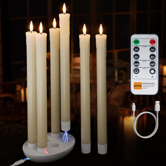 XIMEI 6-Pack Rechargeable Flameless Taper Candles with Charging Station, Real Wax LED Taper Flickering with Remote & Timer, 3D Battery Operated for Home/Wedding/Christmas, Ivory