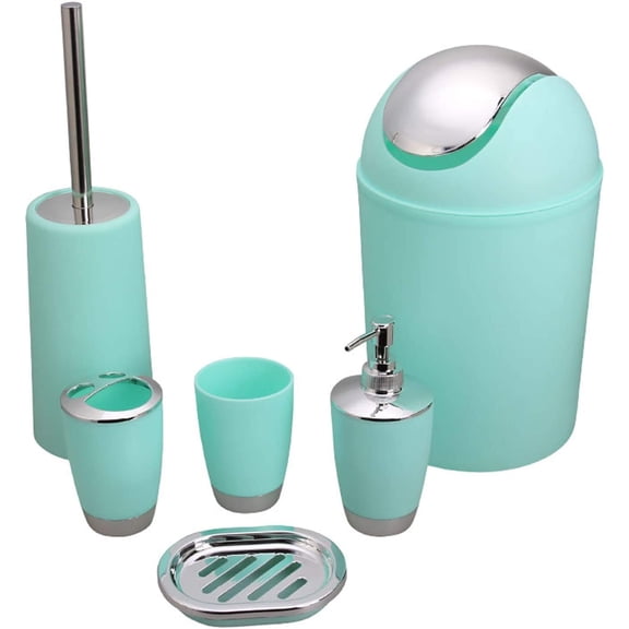 XIMEI 6-Piece Bathroom Accessories Set, Plastic Gift Set Includes Toothbrush Holder/Cup, Soap Dispenser/Dish, Toilet Brush Holder & Trash Can, Mint Green