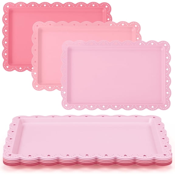 XIMEI 6-Piece Pink Serving Trays, Plastic Platters Dessert Cupcake Holder Party Supplies, 14.4"x9.3" Rectangular Cookie Snack Display Tray for Wedding/Restaurant
