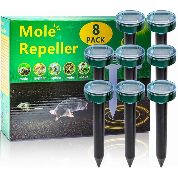XIMEI 8-Pack Mole Repellent Solar Powered Ultrasonic, Gopher/Snake/Vole Deterrent Spikes Stakes for Lawn/Garden/Yard, Pest Repeller