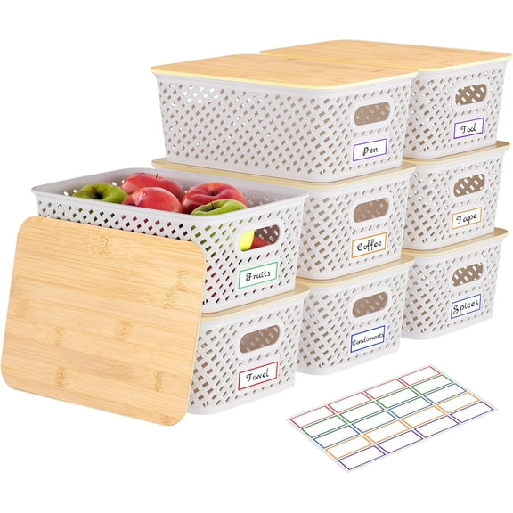 XIMEI 8-Pack Plastic Storage Bins with Bamboo Lids, Stackable Decorative Small Basket Containers for Shelves/Office/Classroom/Desktop/Closet, Cream White