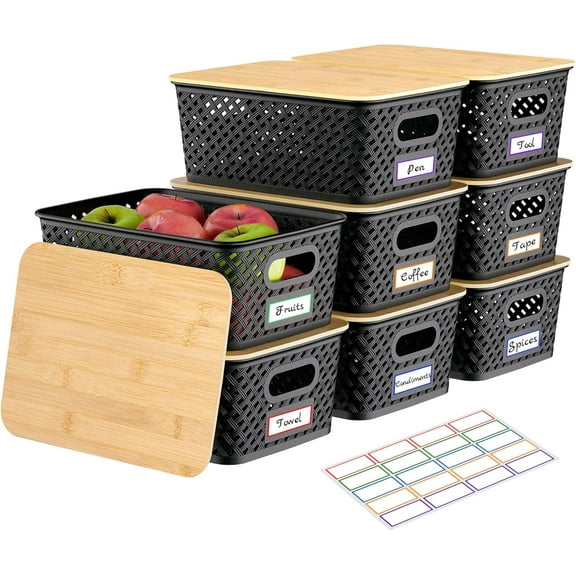 XIMEI 8-Pack Plastic Storage Bins with Bamboo Lids, Stackable Decorative Small Basket Containers for Shelves/Office/Classroom/Desktop/Closet, Black
