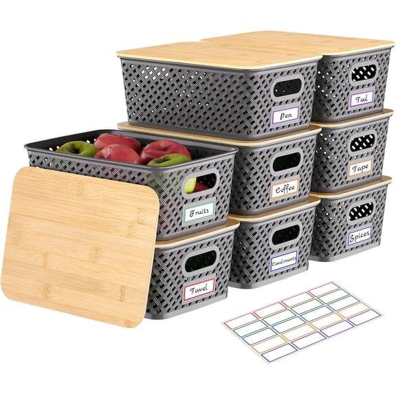 XIMEI 8-Pack Plastic Storage Bins with Bamboo Lids, Stackable Decorative Small Basket Containers for Shelves/Office/Classroom/Desktop/Closet, Grey