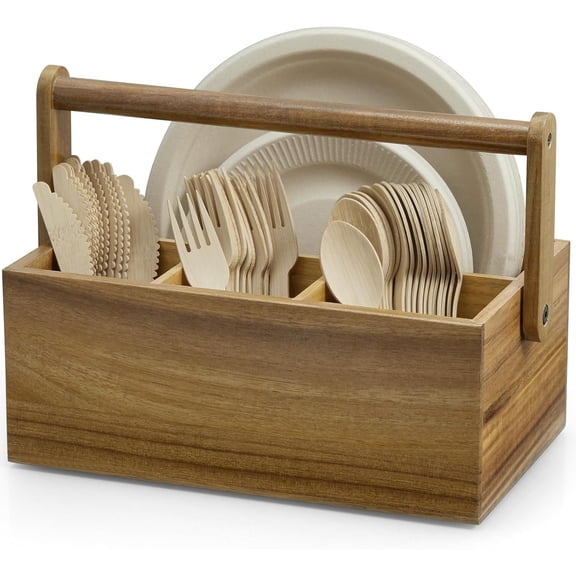 XIMEI Acacia Paper Plate Dispenser, Paper Plate Holders with Handle, Picnic Silverware Caddy for Party, Wood Utensil Organizer for Home/Kitchen/RV