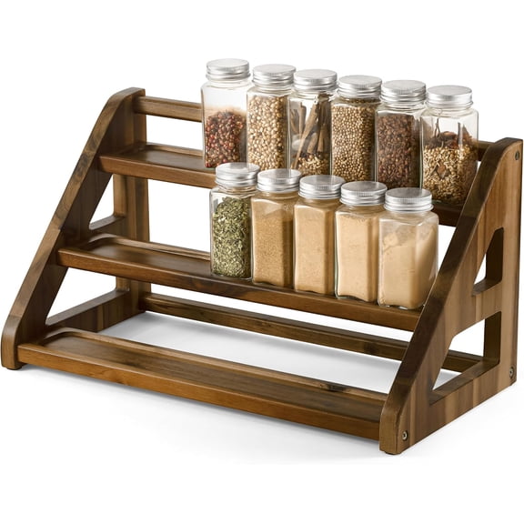 XIMEI Acacia Wood Spice Rack, Wooden 3-Tier Spice Rack Organizer for Countertop or Cabinet, Kitchen Spice & Seasoning Organizer Shelf, Walnut