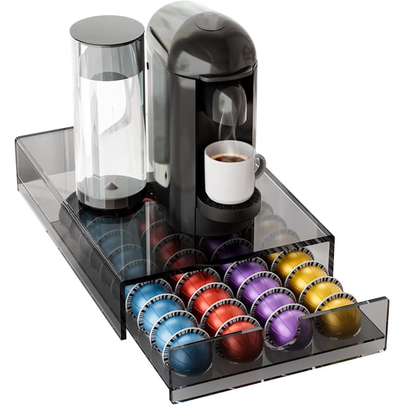 XIMEI Acrylic Coffee Pod Organizer for Nespresso Vertuo, 40 Pods Clear Vertuo Pod Storage Drawer (1 Tier), Transparent Black