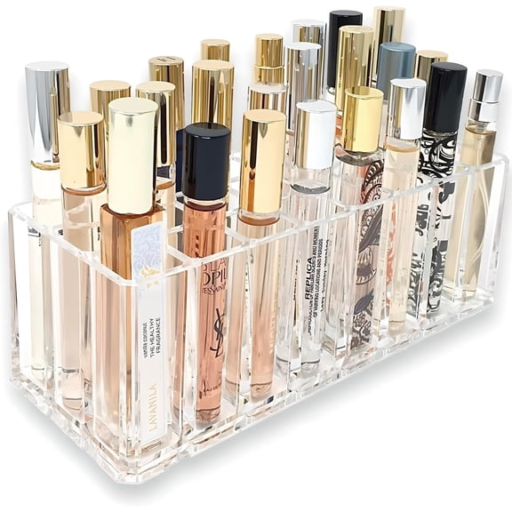 XIMEI Acrylic Rollerball Perfume Organizer, 24-Space Refillable Scented Oil Storage Display Case, Tall Beauty Scent Holder