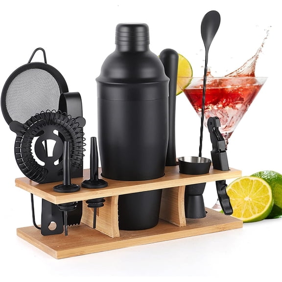 XIMEI Bartender Kit 11-Piece Cocktail Shaker-Muddler, 25oz Boston Shaker, Bar Accessories with Bamboo Stand, Perfect Martini Kit with Cocktail Recipes Booklet