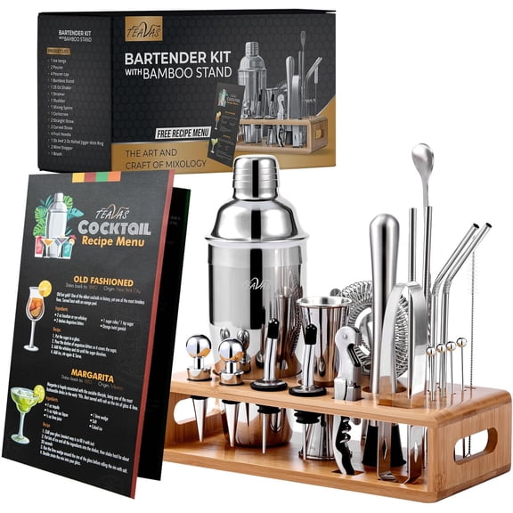 XIMEI Bartender Kit with Japanese Jigger & Bamboo Stand, 25-Piece Stainless Steel Cocktail Making Set, Shaker/Strainer/Mixer/Spoon/Muddler/Barware, Birthday/Anniversary Gift