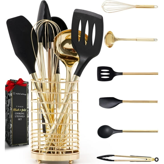 XIMEI Black & Gold Cooking Utensils Set, 7-Piece Silicone Utensils with Spatula Holder, for Nonstick Cookware & Modern Kitchens, Stylish Kitchen Accessories