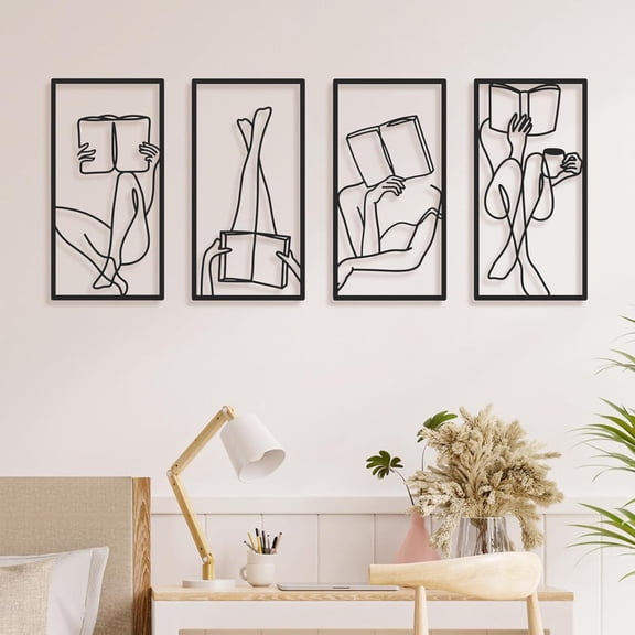 XIMEI Black Metal Wall Art, Minimalist Line Abstract Woman Book Decor 4-Piece, Modern Aesthetic for Bedroom/Bathroom/Living Room, 17"x9"