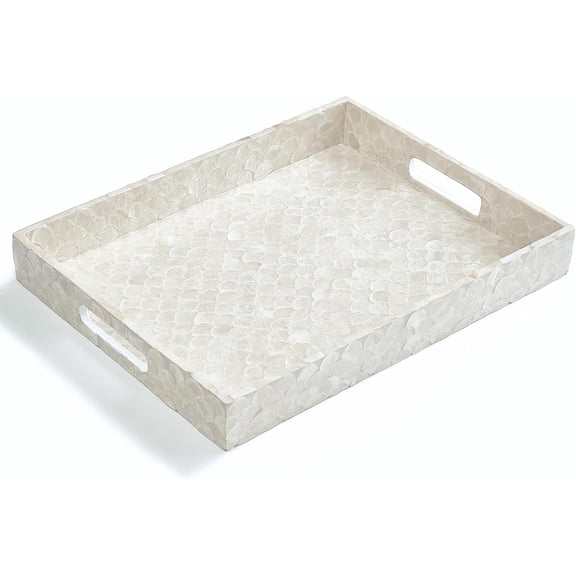 XIMEI Capiz Decorative Tray 15.8"x11.8"x1.8" Rectangular with Handles, Natural Handmade Serving Tray for Coffee Table/Ottoman/Vanity/Kitchen, Coastal Boho Decor, White