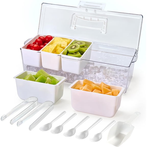 XIMEI Chilled Condiment Caddy Server with 5 Removable Compartments & Hidden Handle, Ice Chilled Condiment Organizer for Camping/Kitchen/Fruit/Salad
