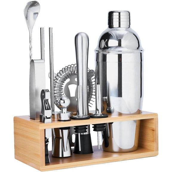 XIMEI Cocktail Shaker Set Bartender Kit, Mixology Bar Kit with Natural Stand, Premium Home Bar Tool Set Includes Drink Mixer/Muddler/Jigger/Strainer/Bar Mixer Spoon