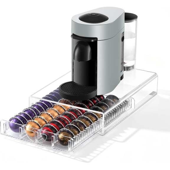 XIMEI Coffee Pod Drawer Organizer for Nespresso Vertuo, Acrylic Holder Holds 40 Large/60 Small Capsules or 28 K-Cups, Pull-Out Drawer with Anti-Slip Base, Crystal