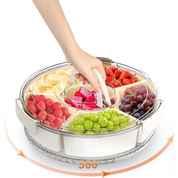 XIMEI Divided Serving Tray with Lid & Handle, Round Rotating Snackle Box, 6-Compartment for Fruits/Candy, Portable Veggie Tray for Kitchen/Party/Travel/Picnic