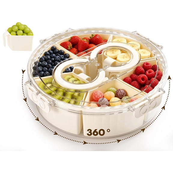 XIMEI Divided Snack Serving Tray with Lid & Handle, Snackle Box for Fruits/Candy, Portable Spinning Veggie Tray for Kitchen/Party/Travel/Picnic