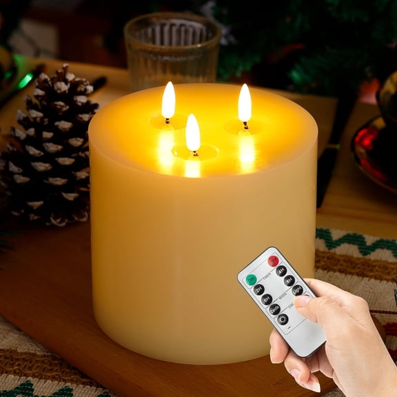 XIMEI Extra Large Flameless Candles, 6"x6" Real Wax Battery Operated with Remote & Timer, Flickering LED Pillar with 3 Wicks, for Home/Wedding/Party/Holiday, Ivory
