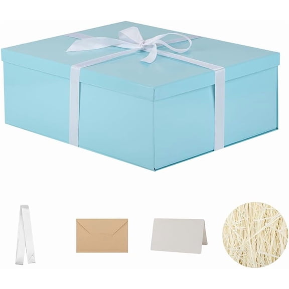 XIMEI Extra Large Gift Box with Lid, 17"x13"x6", Blue, for Presents/Birthdays/Valentine's Day/Christmas/Anniversaries, Includes Shredded Paper Fill, Envelope Card & Ribbon