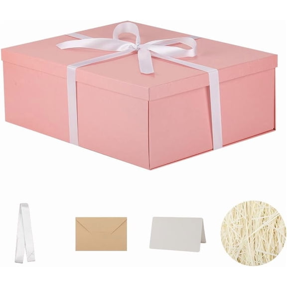 XIMEI Extra Large Gift Box with Lid, 17"x13"x6", Pink, for Presents/Birthdays/Valentine's Day/Christmas/Anniversaries, Includes Shredded Paper Fill, Envelope Card & Ribbon