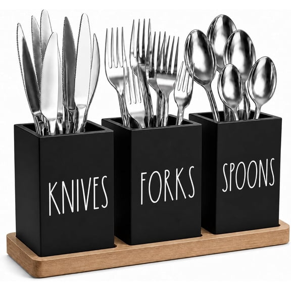 XIMEI Farmhouse Silverware Holder, Rustic Wood Silverware Caddy with Tray, Flatware Dispenser, Plastic Cutlery Holder for Kitchen/Party, Black