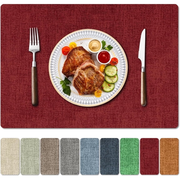 XIMEI Faux Leather Heat Resistant Christmas Placemats Set of 4, Waterproof Oilproof Wipeable PU Vinyl Dining Table Mats, Easy Clean for Kitchen/Dining/Party/Holiday, Red
