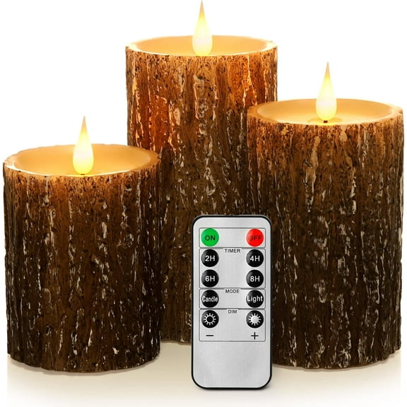 XIMEI Flameless Candles Battery Operated Pillar Pine Effect, Real Wax Flickering 3D Wick, Electric LED Set with Remote Control & 24H Timer, 4"/5"/6", Pack of 3